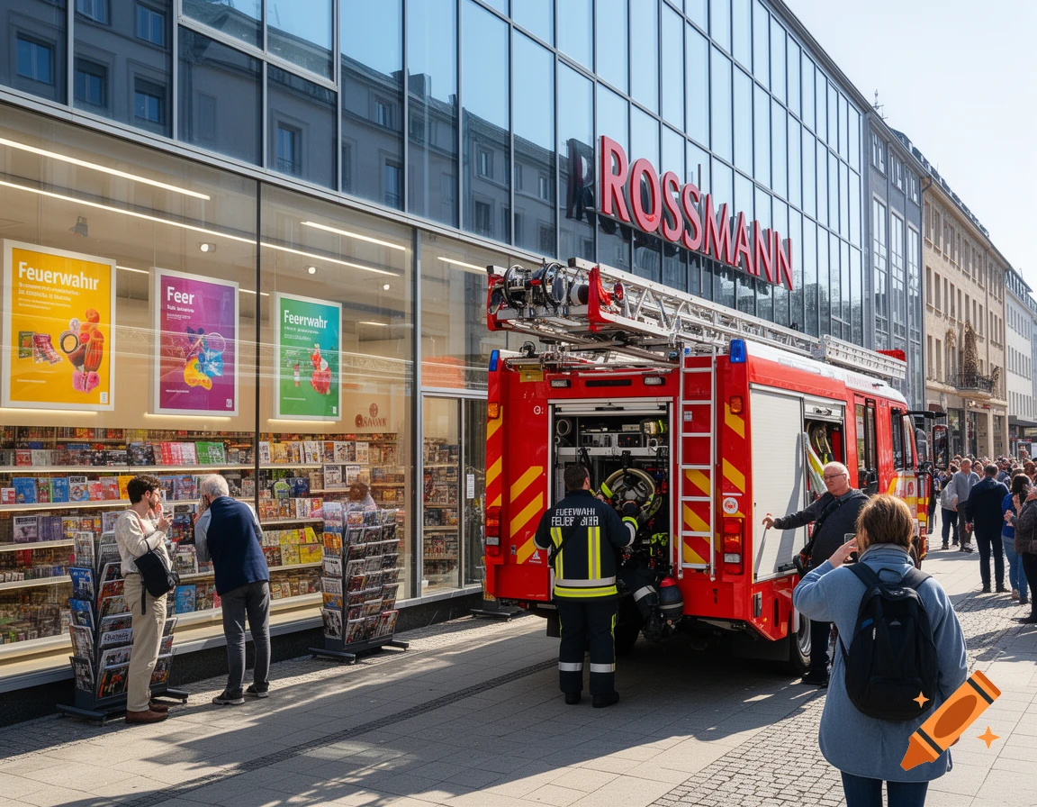 A red fire truck parked on a city sidewalk in front of a Rossmann store, with firefighters and people around.