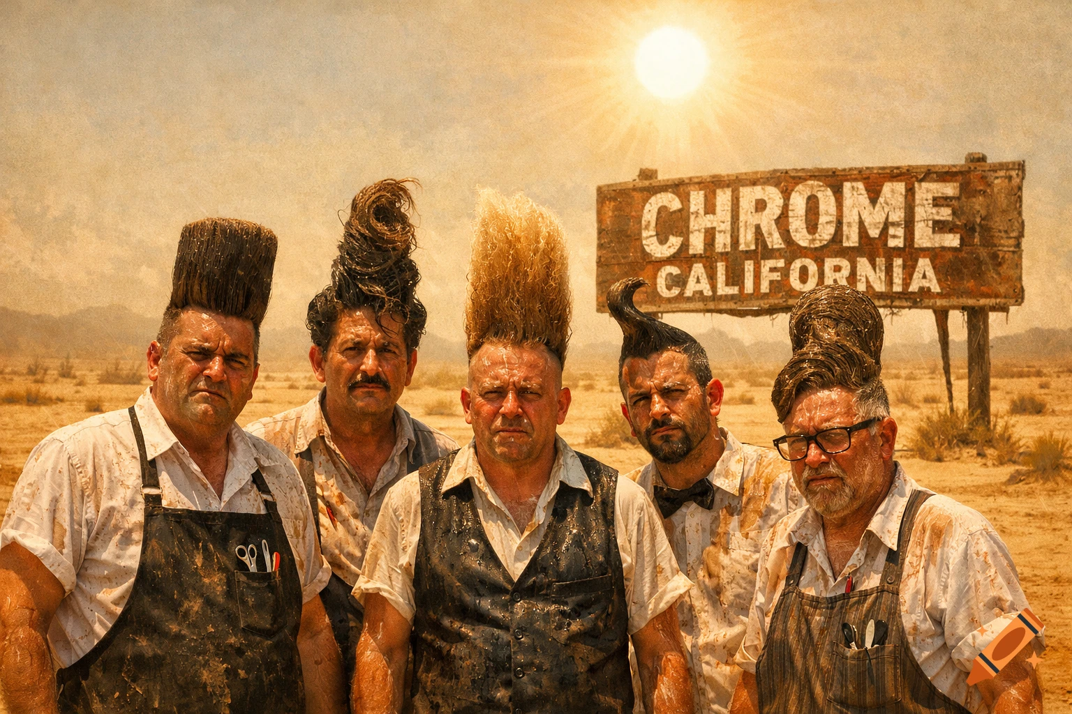Five sweaty barbers with wild, tall hairstyles stand in a dusty desert under a bright sun, next to a "CHROME CALIFORNIA" sign.