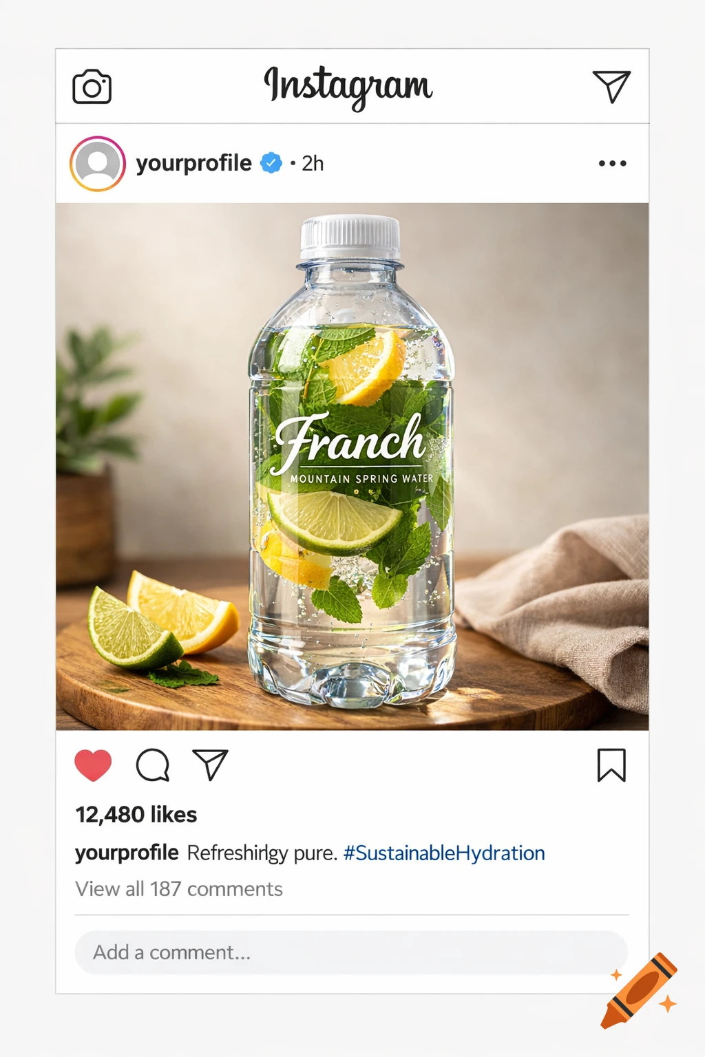An Instagram post showing a clear plastic bottle of "Franch Mountain Spring Water" with lemon, lime, and mint inside. Slices of lemon and lime rest on a wooden board next to the bottle.