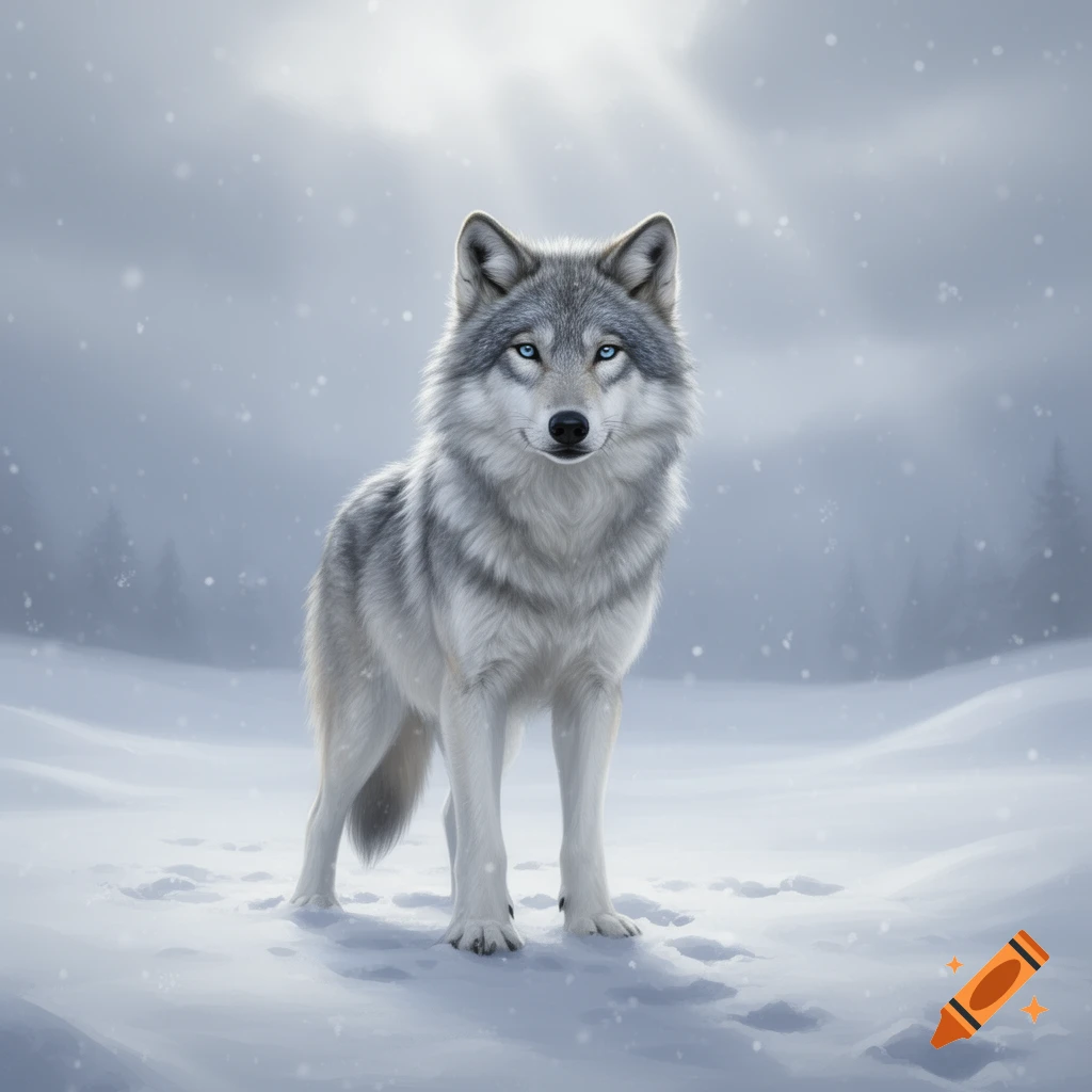 A photorealistic grey wolf with piercing blue eyes stands in a snowy winter forest as light snow falls.