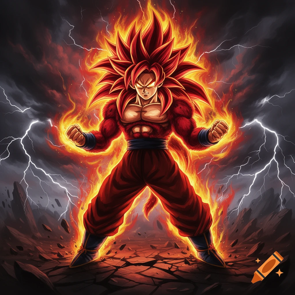 Goku Super Saiyan 4 powers up intensely with spiky red hair and fur, surrounded by vibrant golden flames and white lightning in a dark, cracked landscape.