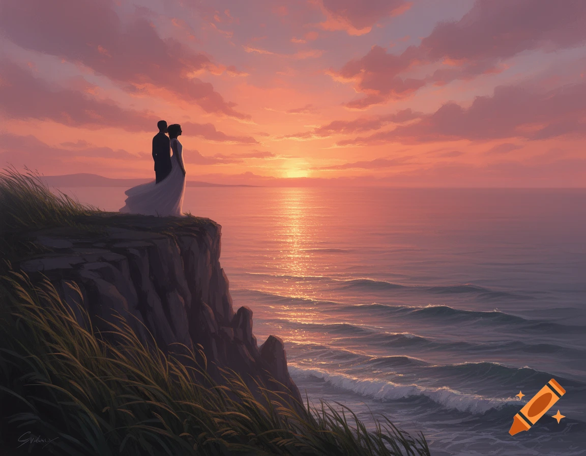 An illustration of a silhouetted couple standing on a cliff, looking out at a vibrant pink and orange sunset over the ocean.