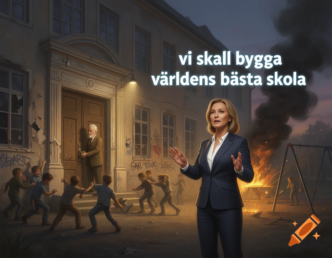 A female politician speaks in front of a dilapidated school with fighting children, burning playground equipment, and an old teacher locking the door. Text says "we shall build the world's best school."