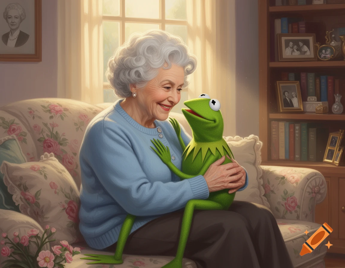 An elderly woman with white curly hair, wearing a blue sweater, happily cuddles Kermit the Frog on a floral sofa in a cozy living room.