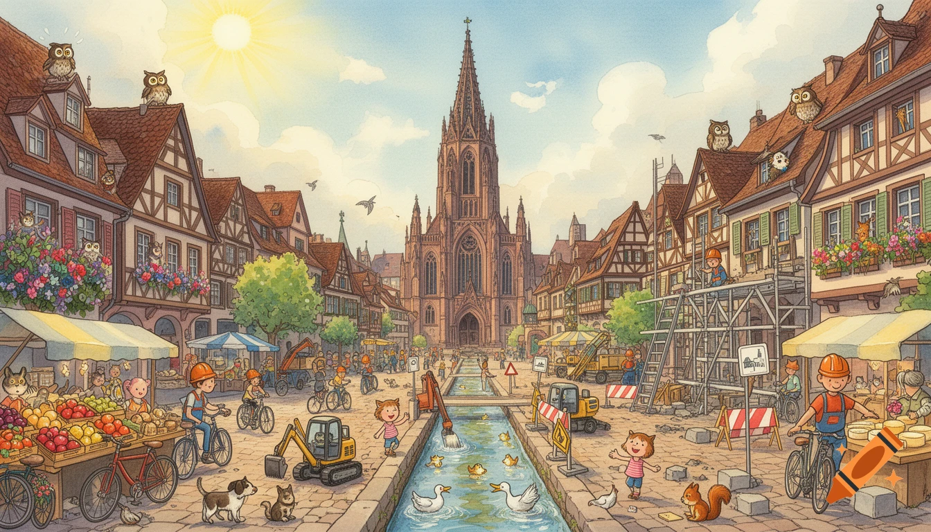 A vibrant, detailed watercolor illustration of a bustling town square with a tall Gothic church, market stalls, children playing, construction, and hidden animals.