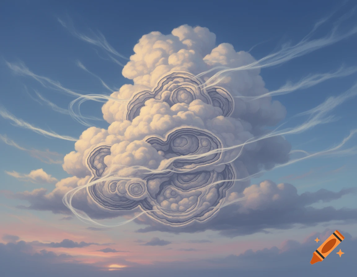 A large, surreal cloud with intricate concentric patterns in a blue sky with wispy clouds, above a sunset horizon.