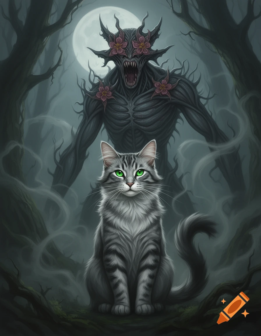 A grey tabby cat with green eyes sits in a dark, misty forest, with a ...