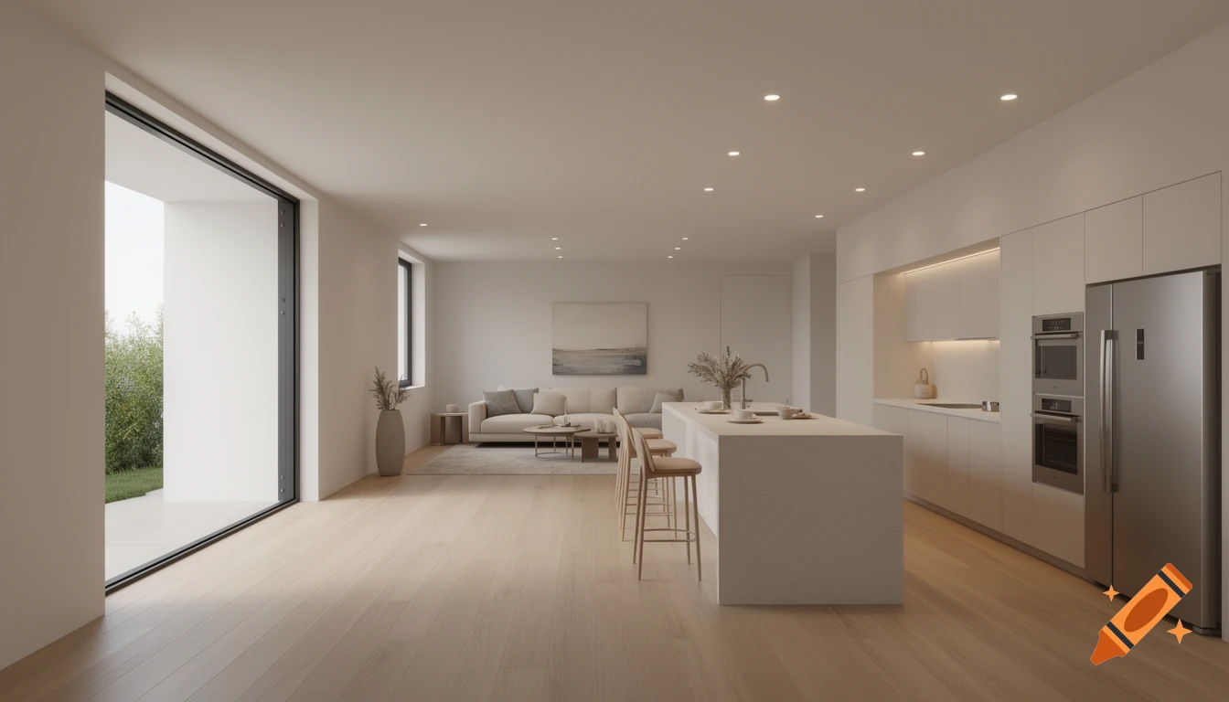 Modern openspace kitchen and living room with white walls, light wood floor, and large glass door to a garden.