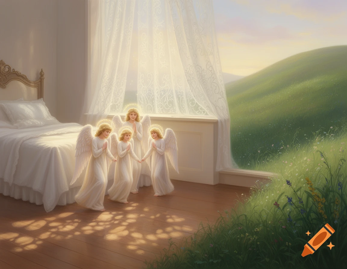 Four ethereal angels in white gowns with golden halos stand near a bed in a sunlit room, overlooking green rolling hills.