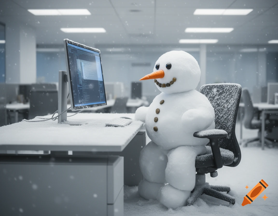 A smiling snowman sits at a desk in a snow-covered office, looking at a computer screen.
