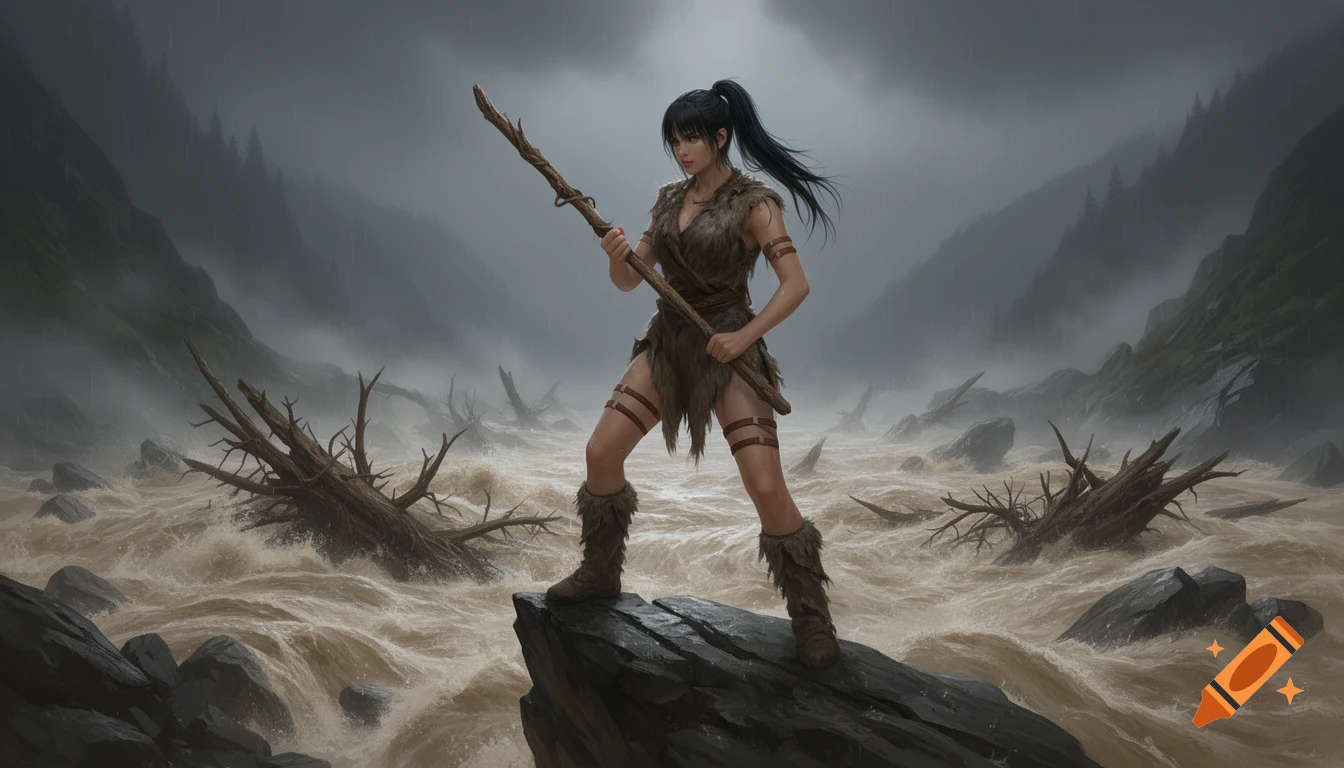 A wild young woman with a ponytail stands on a boulder above a raging, muddy flash flood in a misty mountain valley, gripping a wooden staff. Digital art.