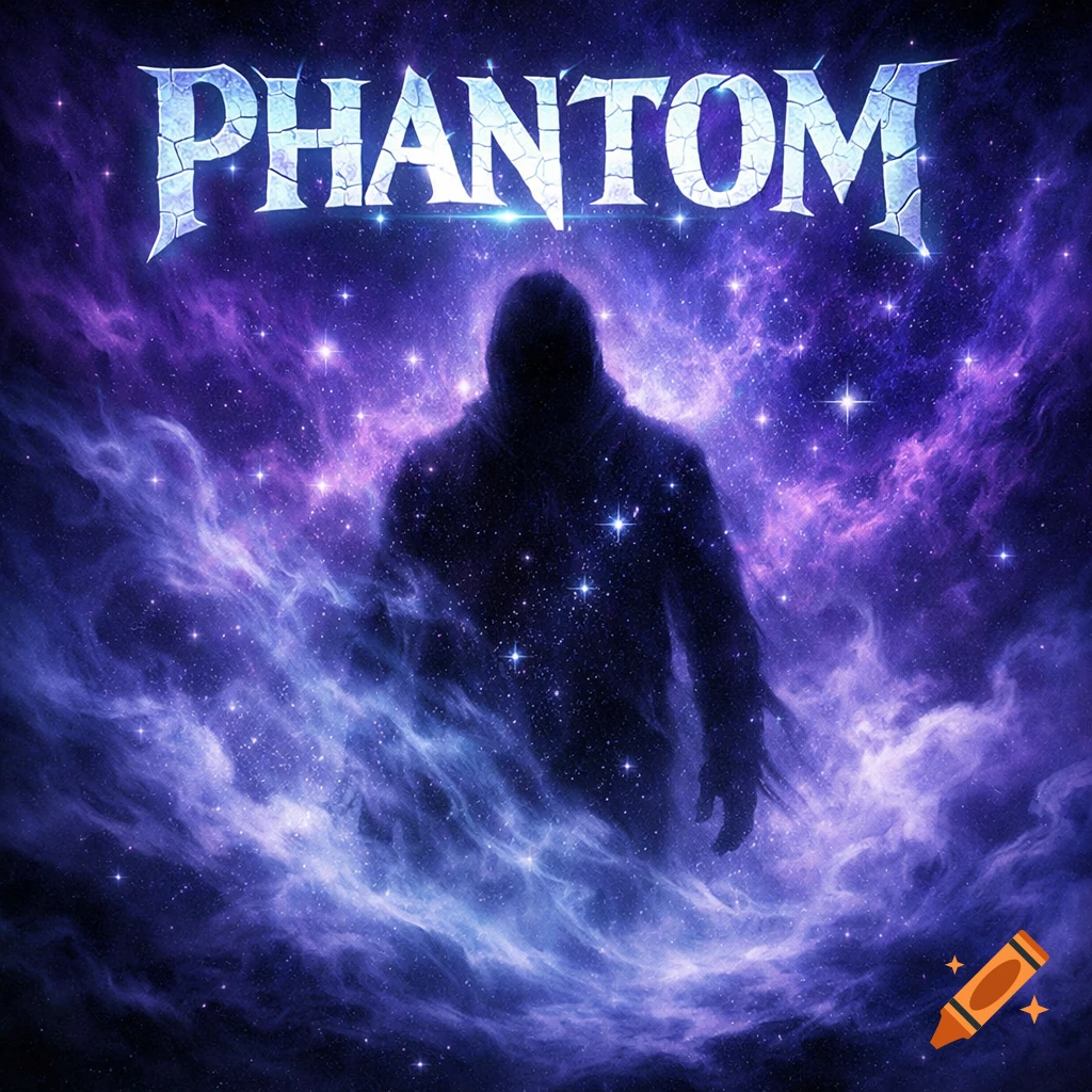 A dark, hooded silhouette stands amidst a vibrant purple and blue cosmic nebula with countless stars, above which the word 'PHANTOM' is stylized in cracked, glowing white text.