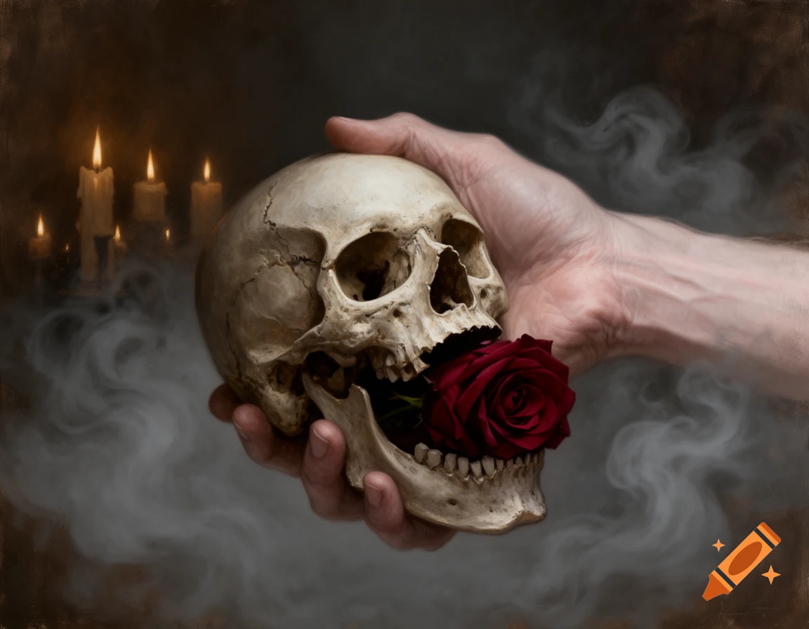 Dark painting of a hand holding a skull with a red rose in its mouth, candles and smoke in the background.