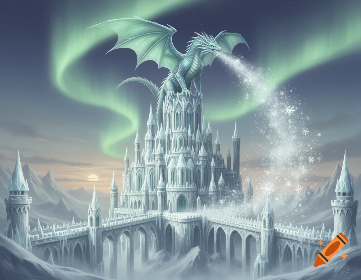 A majestic ice dragon on a frozen castle breathes snow under the aurora borealis, with mountains and a sunset in the background. Fantasy art.