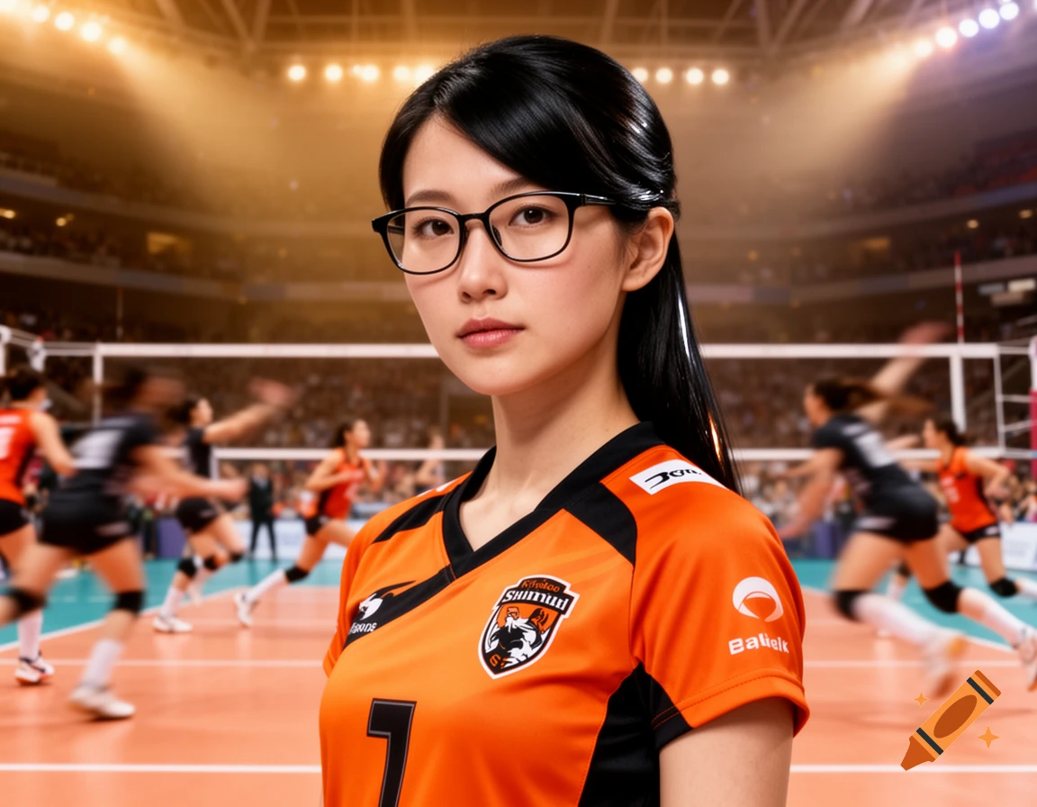A young Asian woman with glasses and dark hair, wearing an orange and black volleyball jersey, stands on a court in a blurred stadium.
