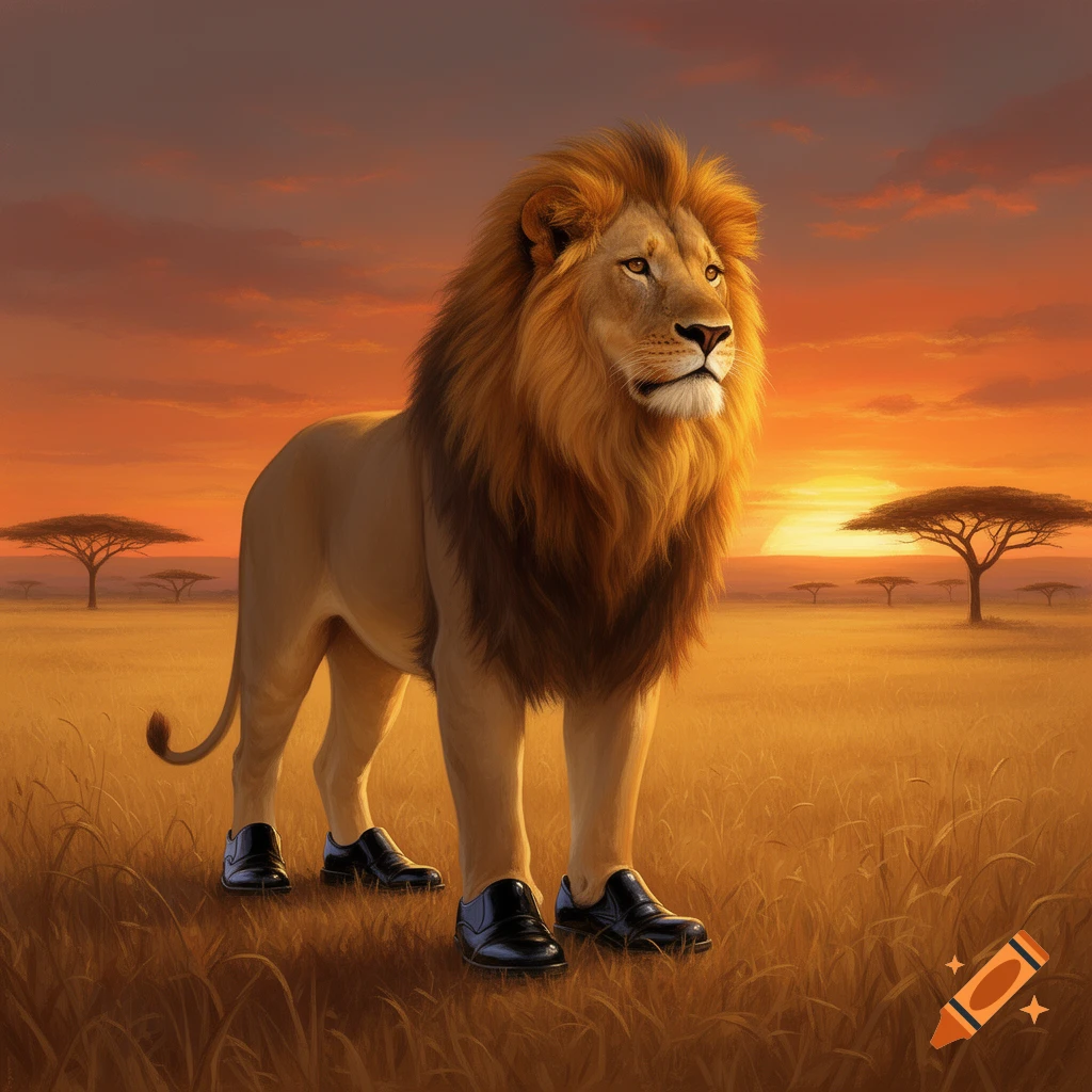 A majestic lion wearing four black dress shoes stands in a golden savanna at sunset.