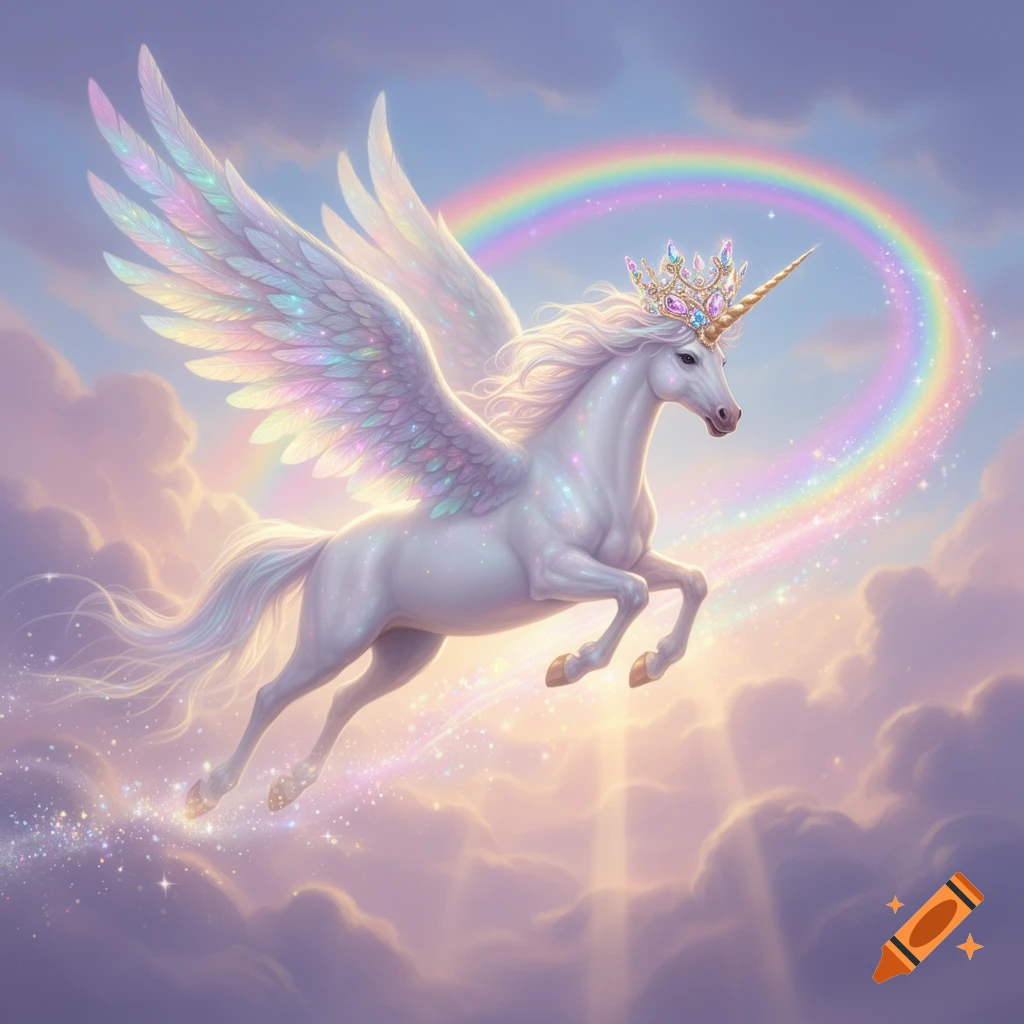A majestic white winged unicorn with a golden crown flies through a sunlit, cloudy sky, with a vibrant rainbow and sparkling dust.