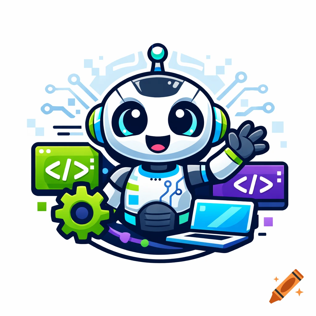 Cute cartoon robot waving amidst coding symbols, a laptop, and circuit board patterns in a vibrant, clean illustration style.