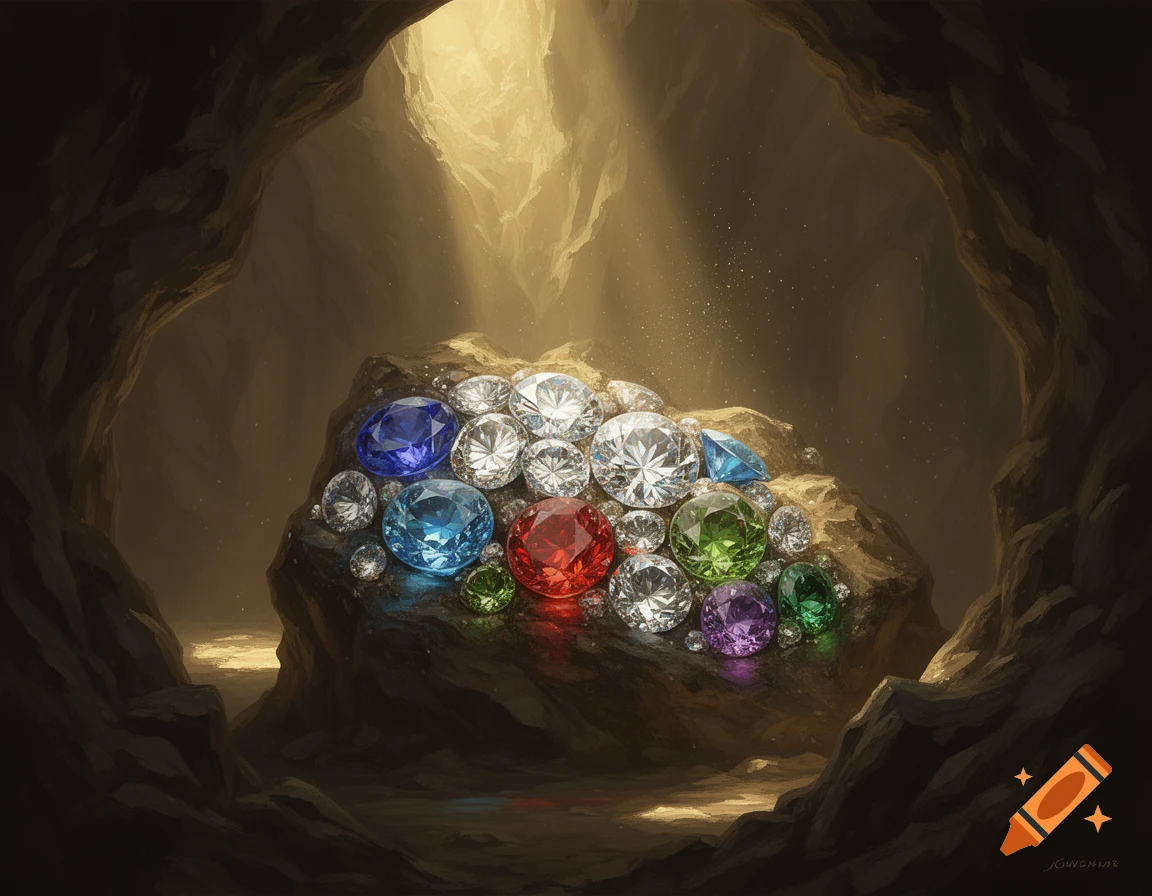 A pile of sparkling, colorful diamonds and gems, including blue, red, green, and purple, illuminated by a golden light in a dark cave.
