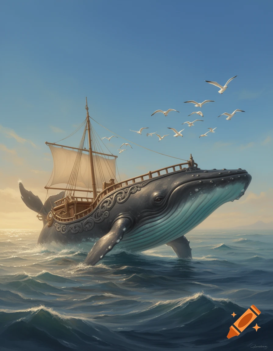 A majestic whale with an ornate sailing ship on its back emerges from choppy ocean waters as seagulls fly above, in a painterly style.