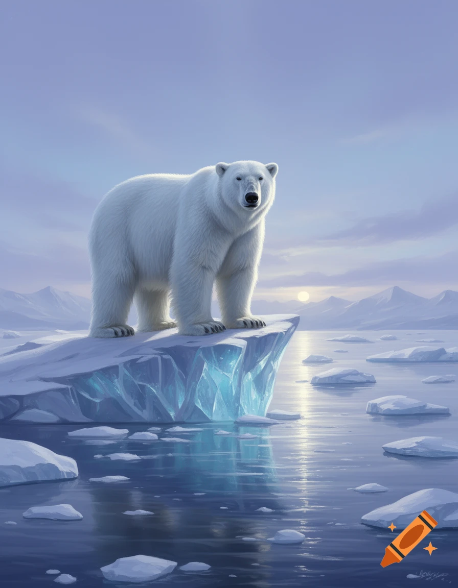 A majestic polar bear stands atop a glowing iceberg in an icy ocean with mountains and a setting sun in the background, digital painting.