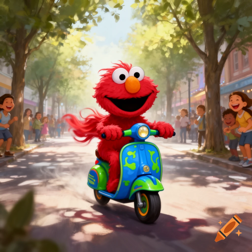 Elmo rides a blue and green scooter down a sunny, tree-lined street past onlookers in a colorful illustration.