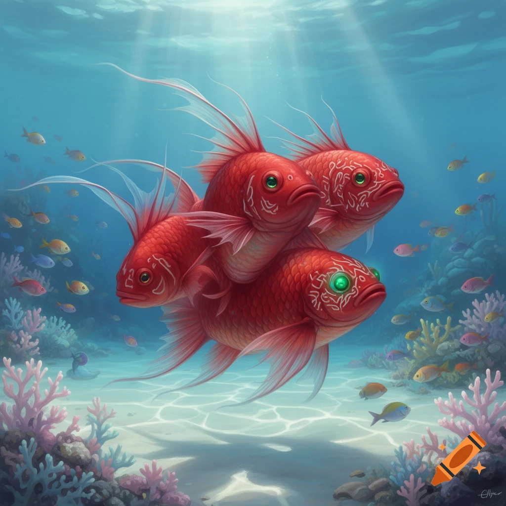 Multiple Red Fish Three red fish with glowing green eyes and intricate patterns, merged ...