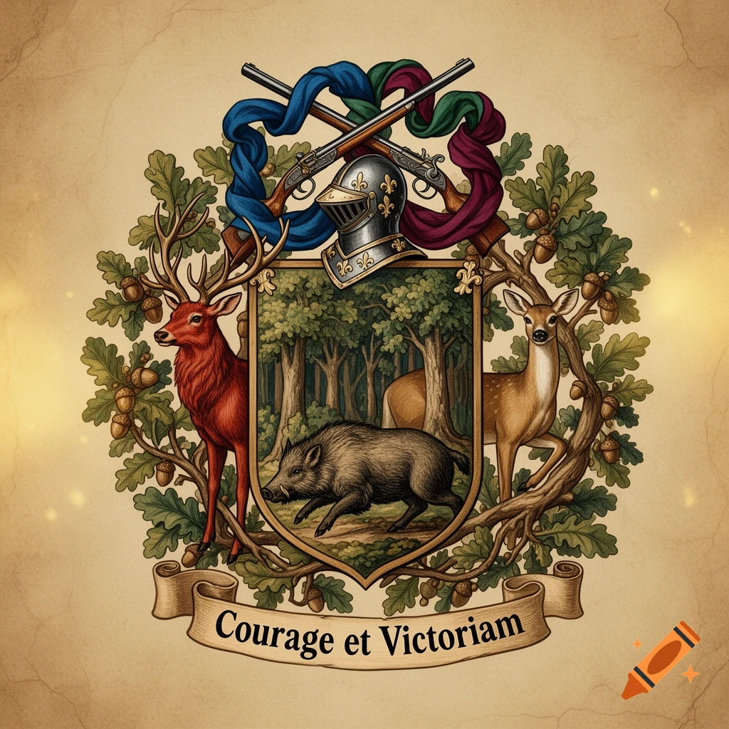 A colorful coat of arms featuring a red deer, a wild boar, and a roe deer, surrounded by oak leaves and acorns. Two rifles and a knight's helmet are at the top, and a banner below reads "Courage et Victoriam".