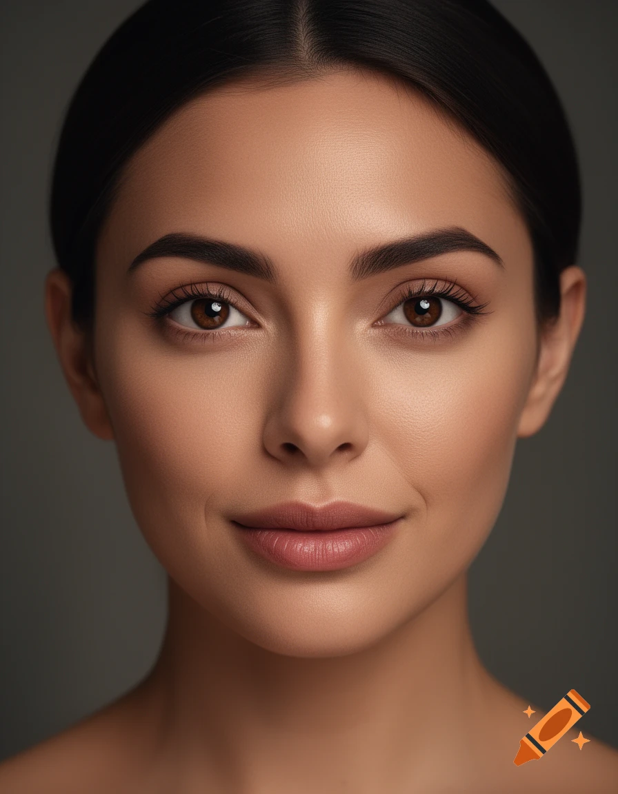Close-up photorealistic portrait of a woman with dark hair pulled back ...