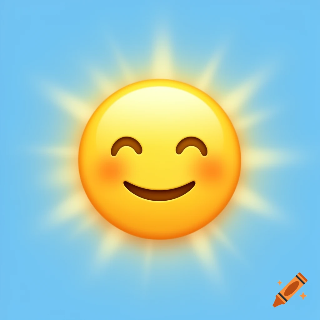 A bright yellow sun emoji with a smiling face and rosy cheeks on a blue background.