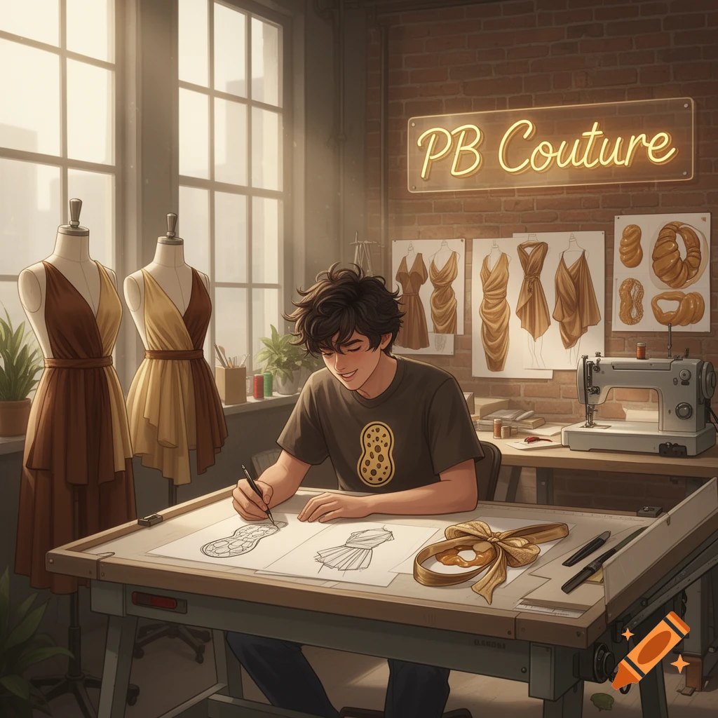 An anime-style illustration of a young man drawing fashion designs in a sunlit studio with mannequins, sketches, and a 'PB Couture' neon sign.