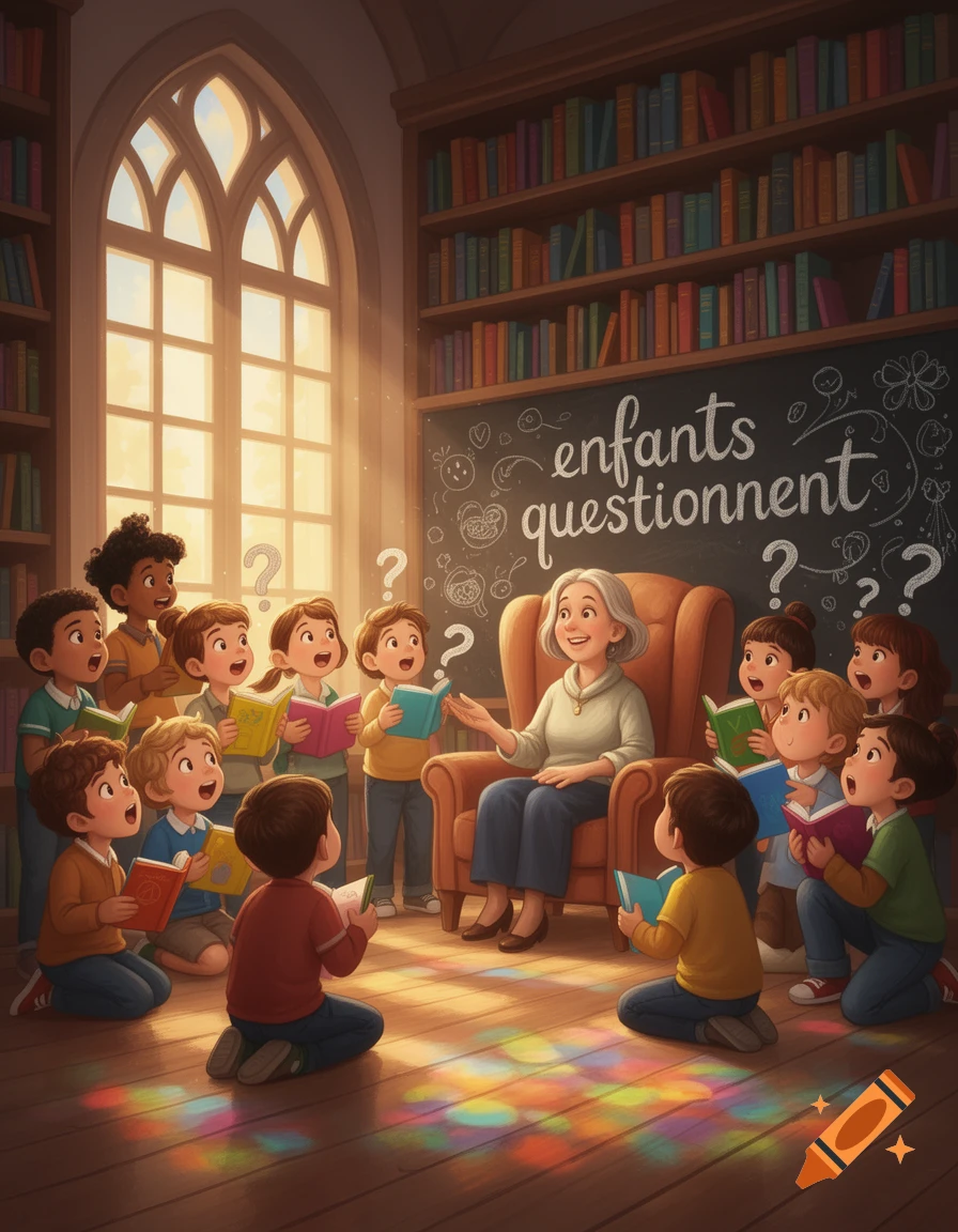 A friendly adult sits in an armchair, reading to a group of diverse children holding books in a sunlit library with a blackboard saying "enfants questionnent" in a charming illustration style.