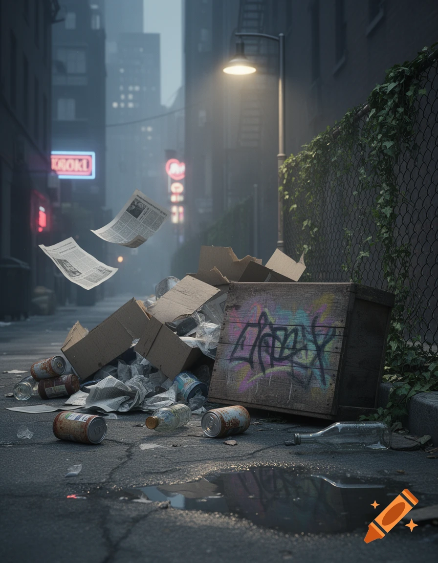A dirty, dimly lit city alley with scattered trash, including cardboard boxes, plastic, rusted cans, glass bottles, and flying newspapers. A street light illuminates the scene, with a graffiti-covered wooden crate and chain-link fence covered in ivy.