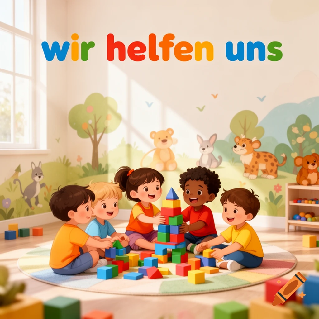 Cheerful illustration of diverse children playing with colorful blocks in a bright kindergarten room. Text "wir helfen uns" on the wall.