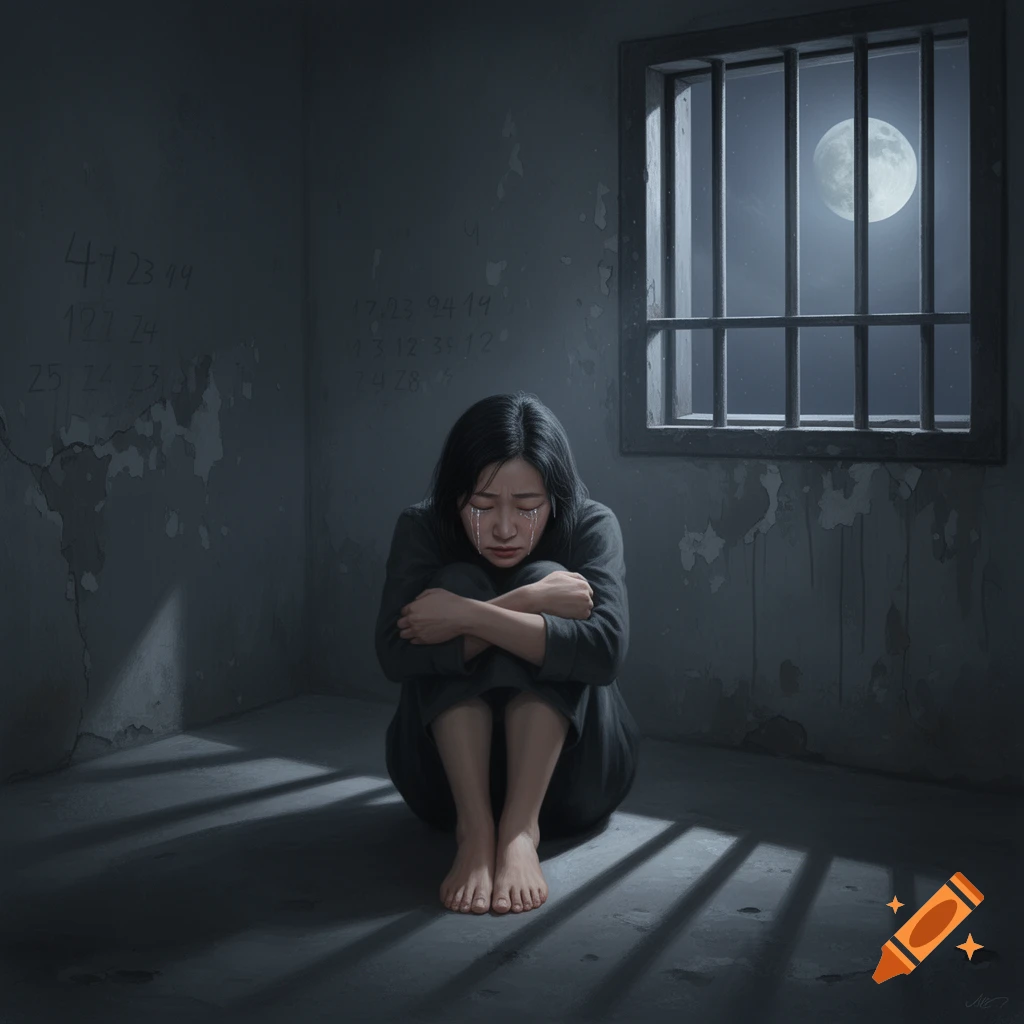 A crying woman sits on the floor of a dark prison cell, hugging her knees, looking at a full moon through a barred window.