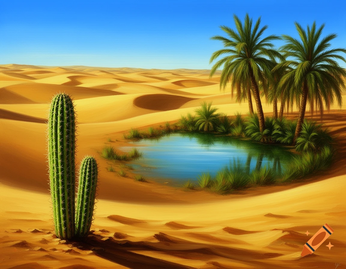 A vibrant painting of a desert oasis featuring two large green cacti in the foreground, golden sand dunes, and an oasis with a clear blue pond surrounded by palm trees under a bright blue sky.