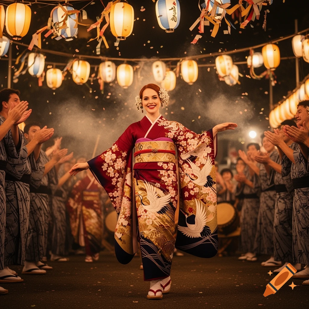A woman in a vibrant red and gold kimono with cranes and cherry blossoms dances under glowing paper lanterns at a night festival, surrounded by clapping onlookers. Photorealistic style.