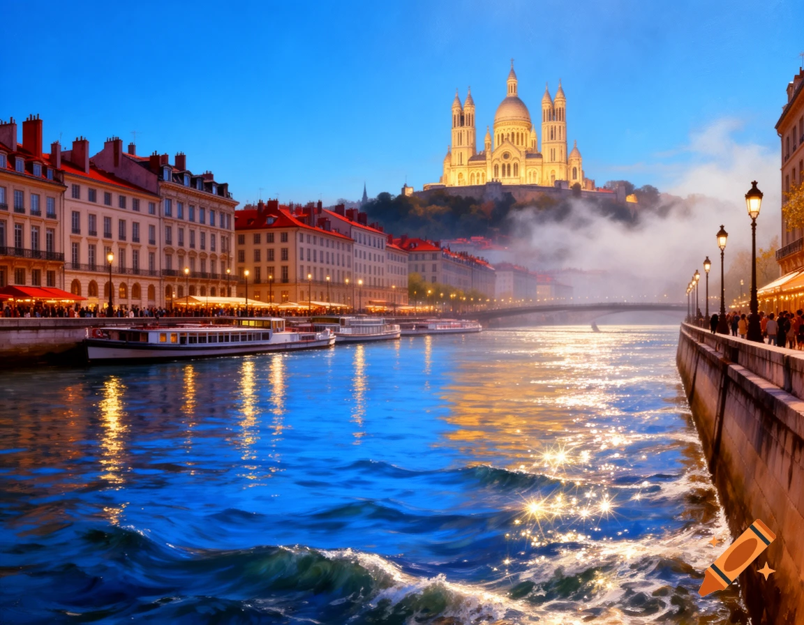 Photorealistic cityscape at dusk, featuring a river with boats, illuminated buildings, and a grand cathedral on a misty hill.