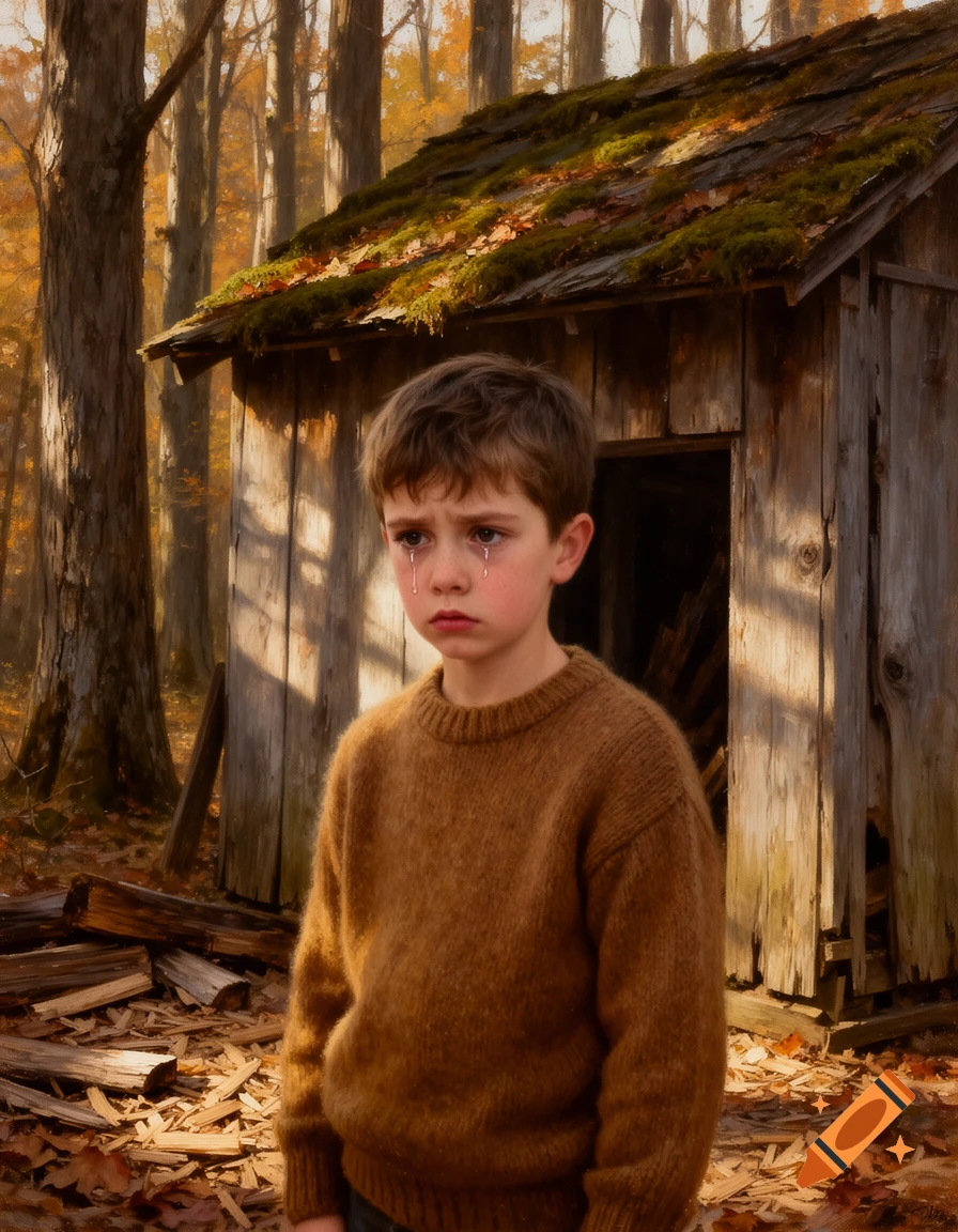 Photorealistic oil painting of a solemn young boy crying in an autumn forest in front of a rustic woodshed.