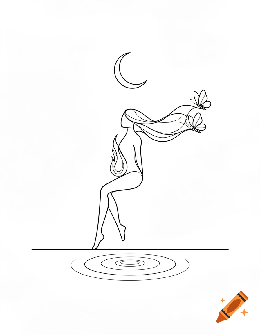 Minimalist black line art of a female silhouette with flame, flowing hair as butterflies, sitting by water under a crescent moon.