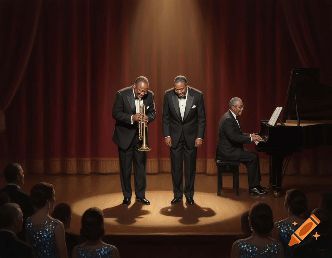 Painting of three Black jazz musicians on a spotlighted stage with red curtains, two men bowing and one playing piano.