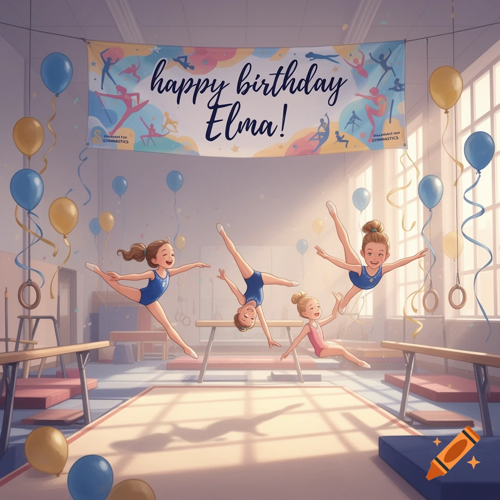 An illustration of a gymnastics-themed birthday party with several young girls in leotards performing acrobatics in a gym. A banner reads "happy birthday Elma!"