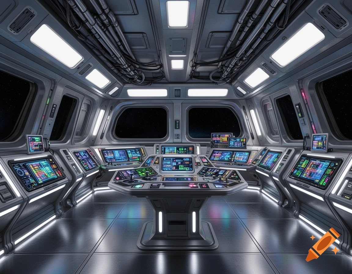 A futuristic spaceship cockpit with multiple glowing screens displaying colorful data, a central control panel, and large windows looking out into space.