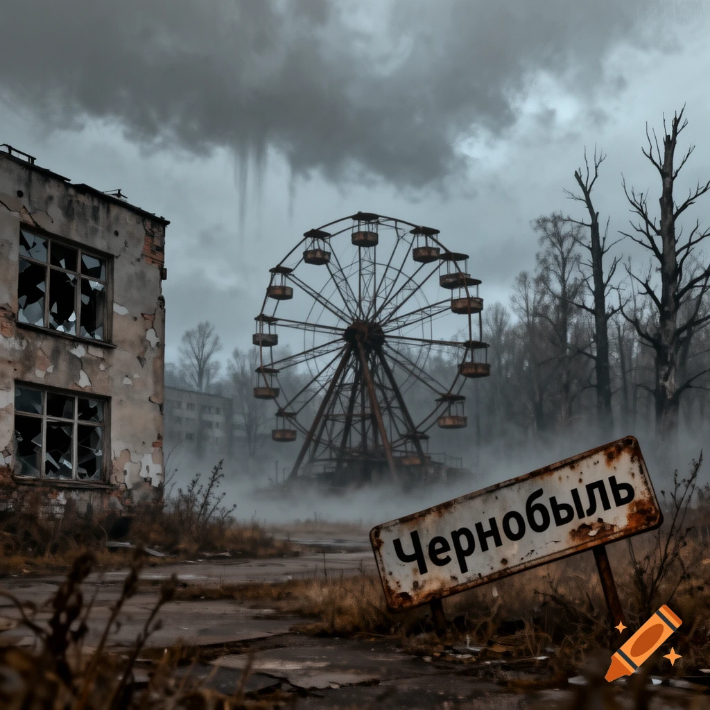 A desolate, foggy scene featuring a rusty Ferris wheel, a decaying building, and a sign reading "Chernobyl" in Cyrillic.