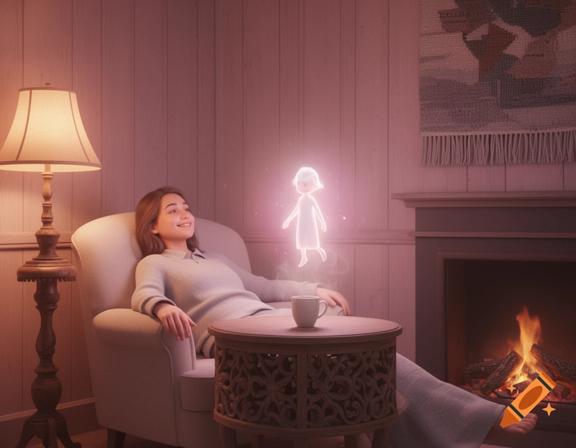A woman relaxes in a chair, smiling at a floating, glowing figure in a cozy, warm room with a fireplace.