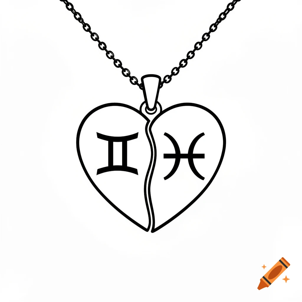 Black and white line art of a heart pendant with Gemini and Pisces zodiac symbols on a chain.