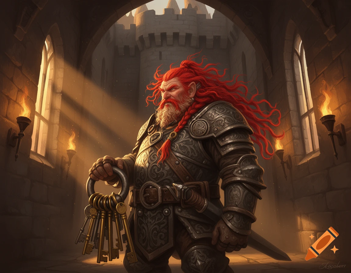 A red-haired, bearded dwarf in ornate armor holds a large ring of keys in a sunlit castle hall.
