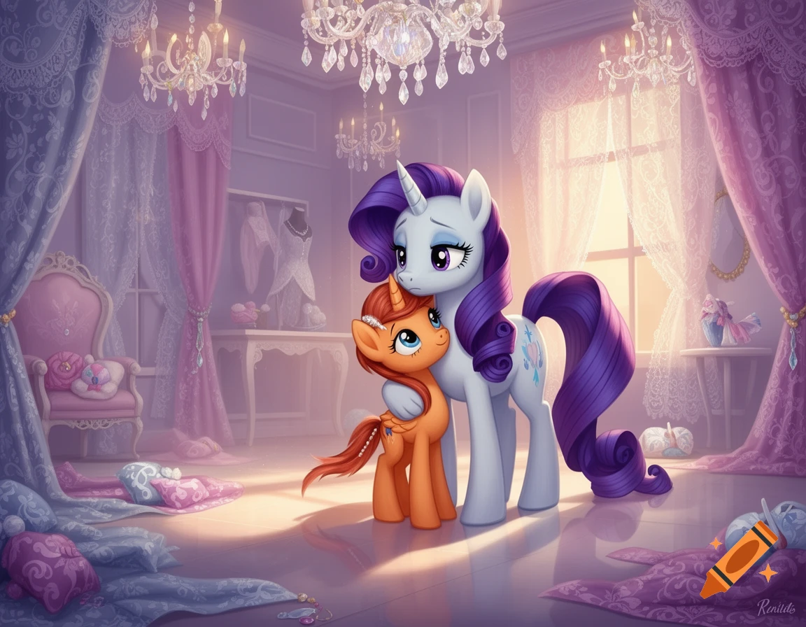 Rarity, a white unicorn with a purple mane, gently hugs Scootaloo, an orange pegasus, in a lavish purple and pink room.