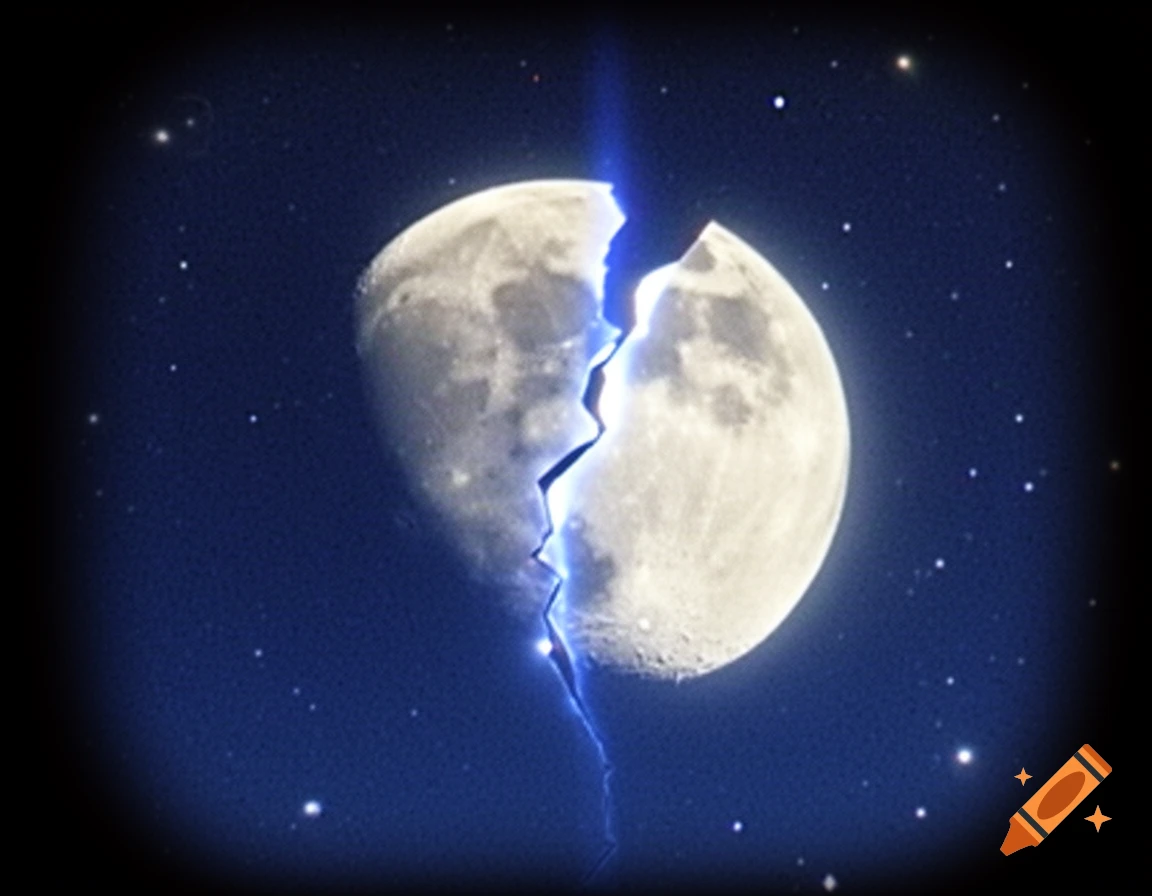 A low-quality photo of a large, cracked moon glowing blue in a dark, starry night sky.