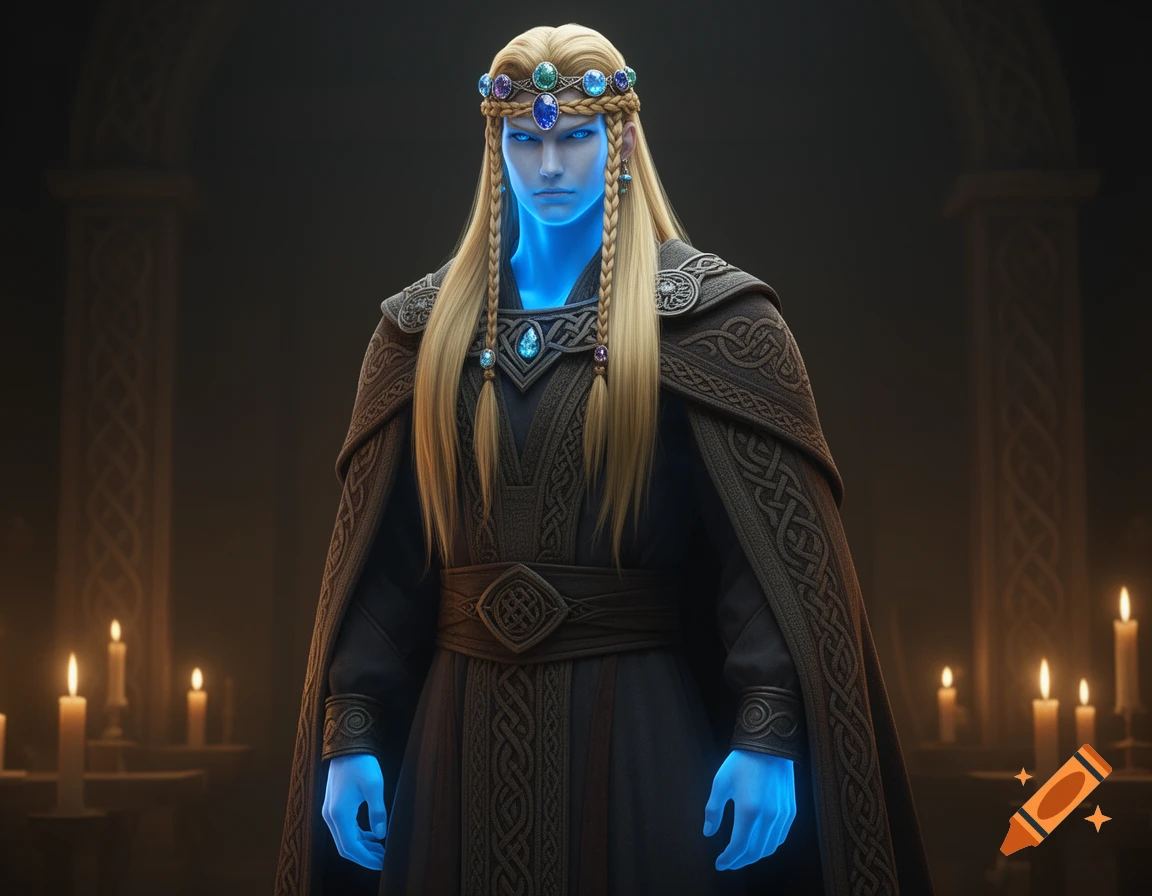 A tall fantasy character with glowing blue skin and long blonde braided hair wears dark, intricately patterned Viking robes in a candlelit hall.